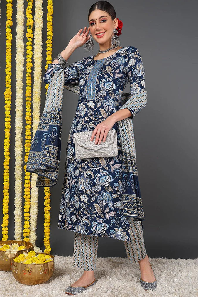 Blue Rayon Blend Floral Printed Straight Suit Set